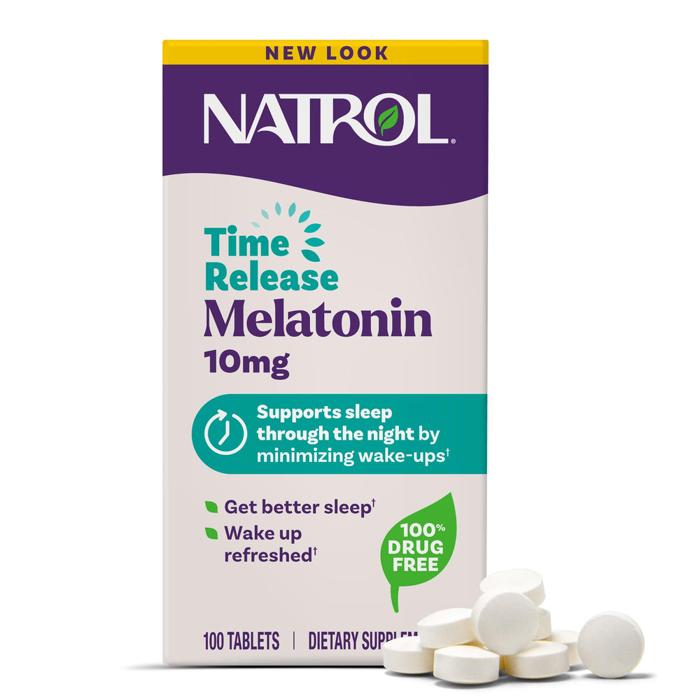 Natrol Melatonin 10mg time-release bottle side view promotes restful sleep.