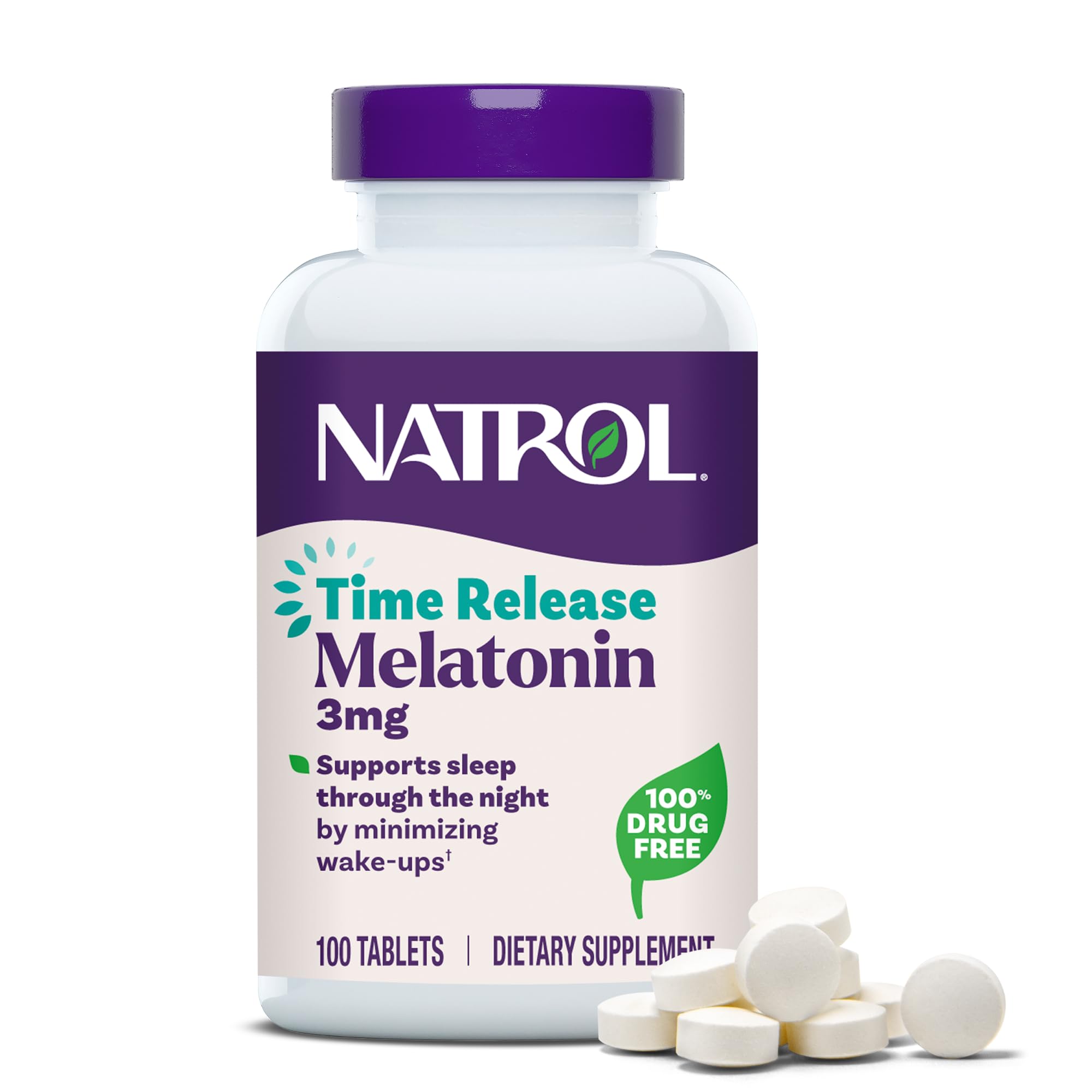 Natrol Melatonin 3 mg time-release tablet close-up with two-layer design for overnight support