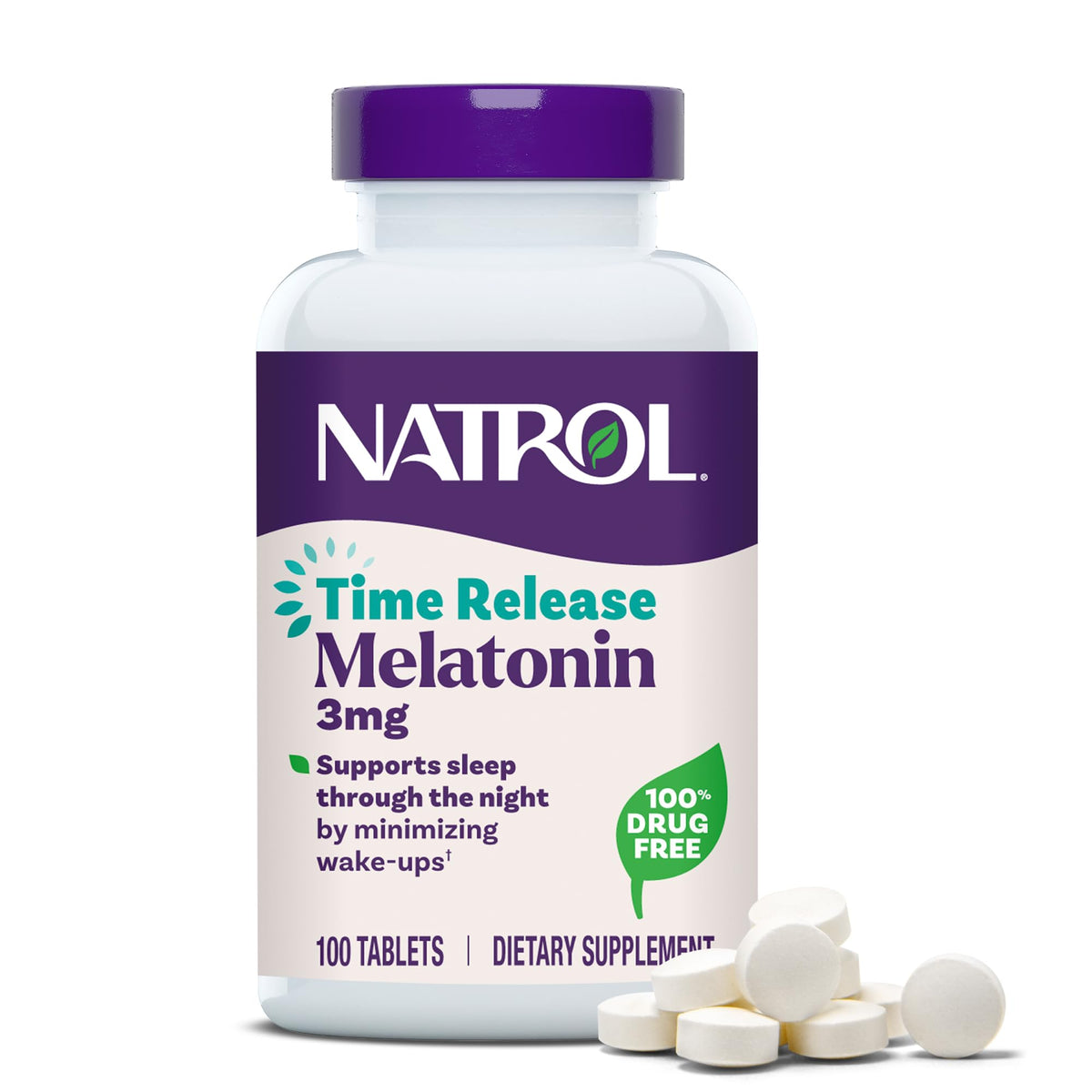 Natrol Melatonin 3 mg time-release tablet close-up with two-layer design for overnight support