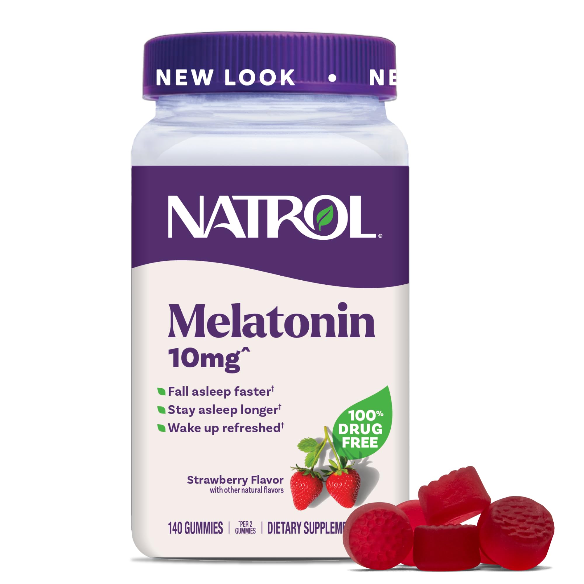 Natrol melatonin gummies bottle close-up showing strawberry flavor for sleep support.