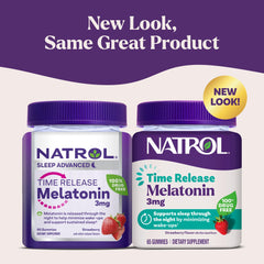 Natrol strawberry-flavored melatonin gummies close-up, easy nightly support.