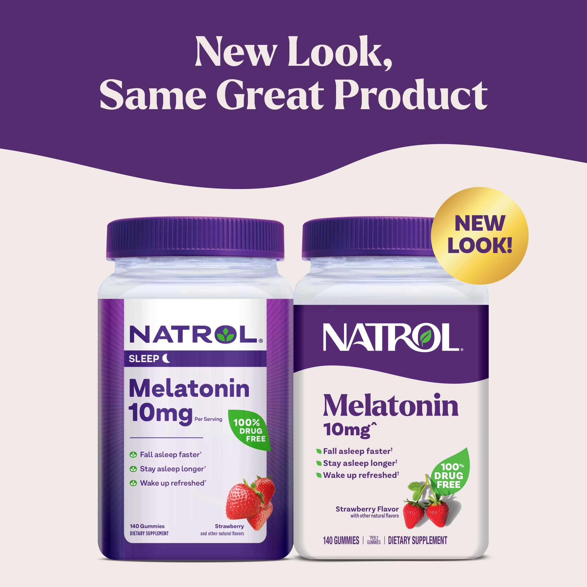 Two Natrol melatonin gummies illustrating the adult 10 mg dose at bedtime.