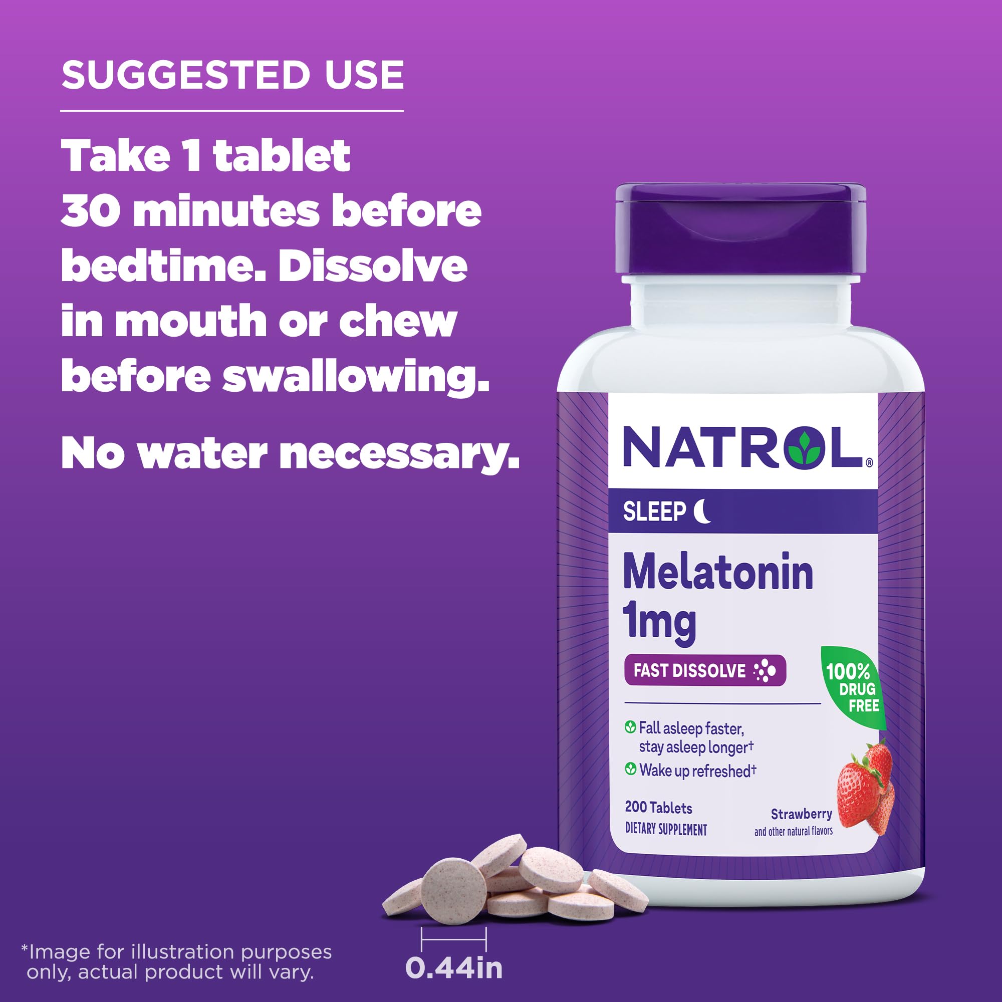 Nighttime usage scene with Natrol melatonin on a nightstand.