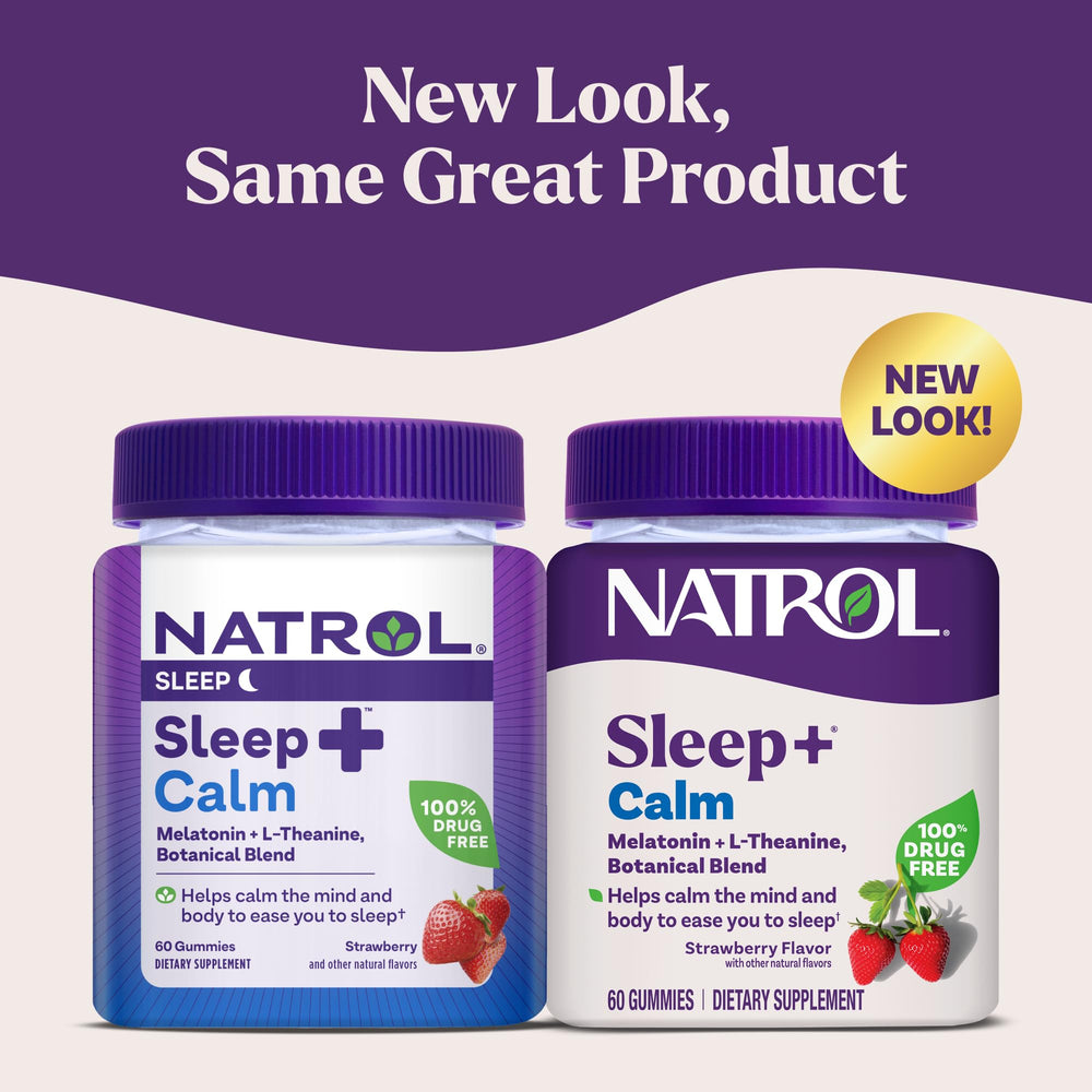 Close-up of Natrol Sleep+ Calm gummies highlighting strawberry flavor.
