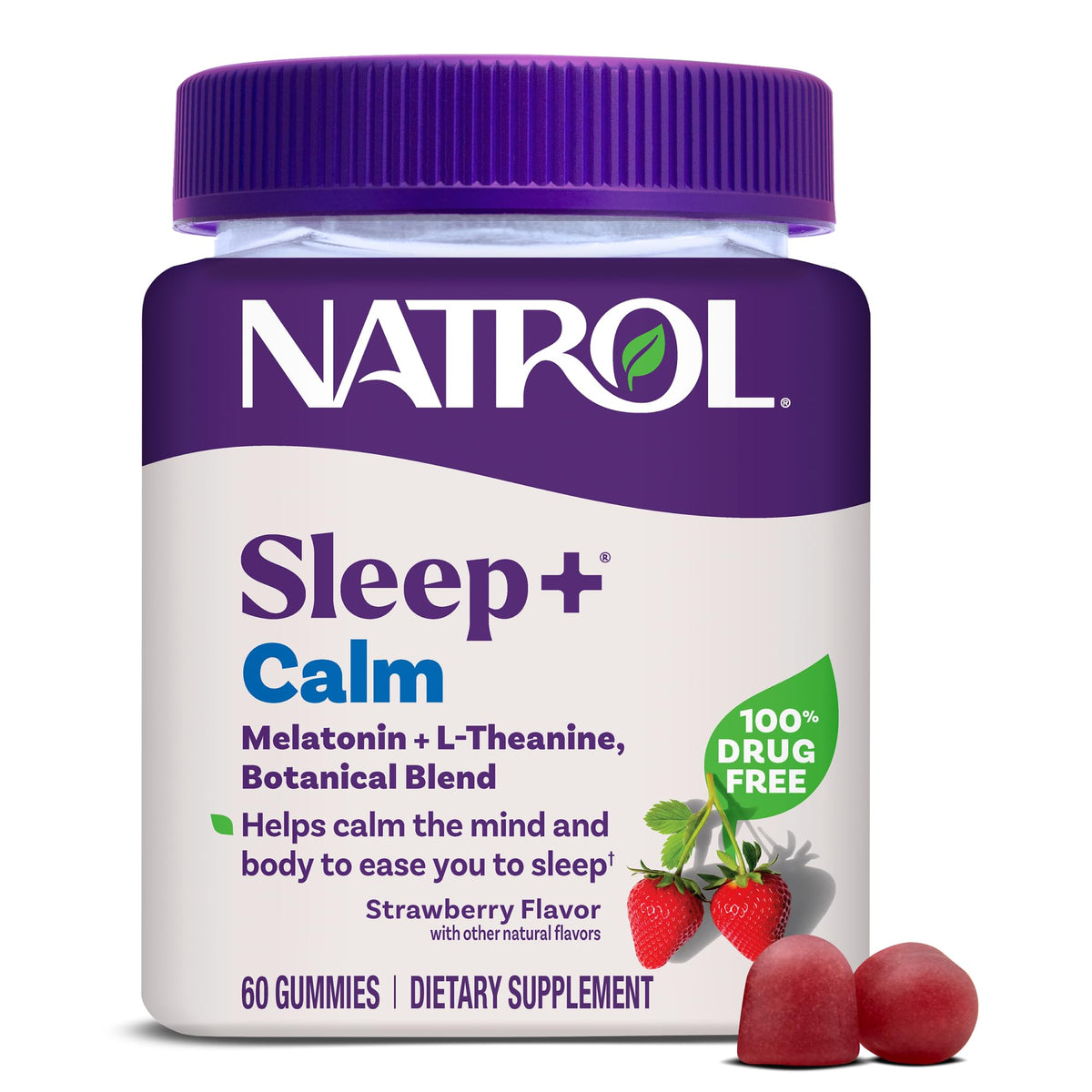 Natrol Sleep+ Calm strawberry gummies bottle on nightstand for easier bedtime.