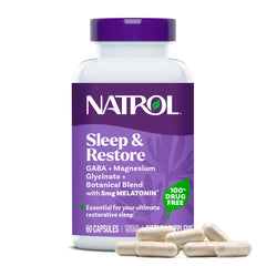 Natrol Sleep & Restore bottle front for calm, restorative sleep support.