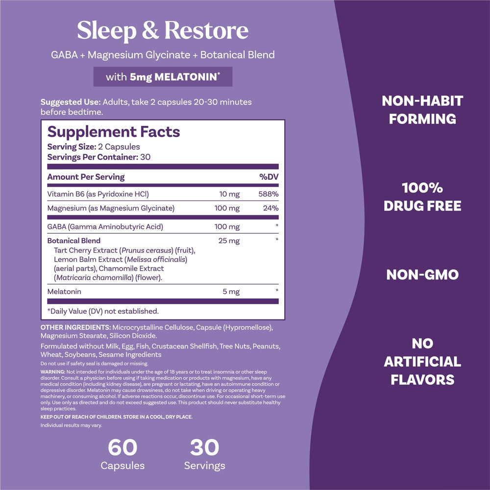Natrol Sleep & Restore bottle top shows 100 mg magnesium glycinate per serving.