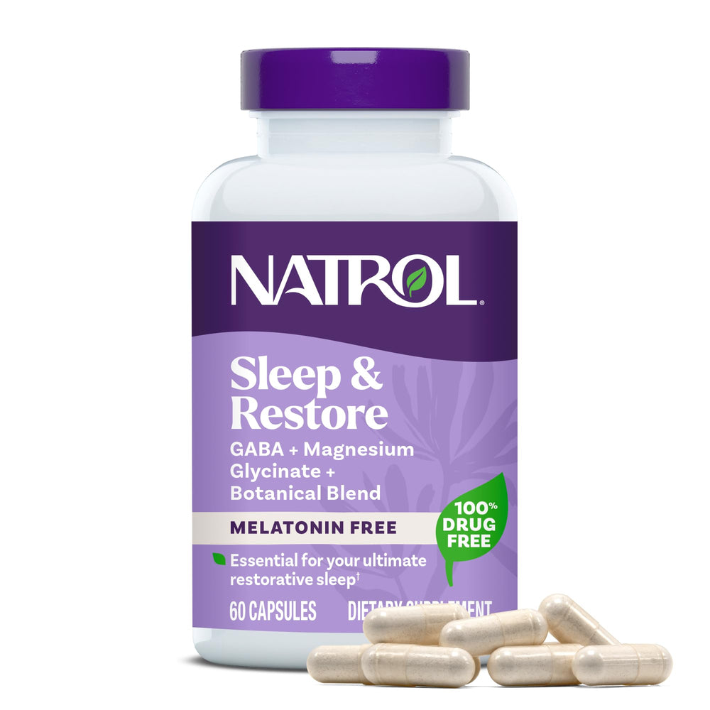 Natrol Sleep & Restore bottle viewed for convenient nightly sleep support.