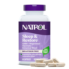 Natrol Sleep & Restore bottle viewed for convenient nightly sleep support.