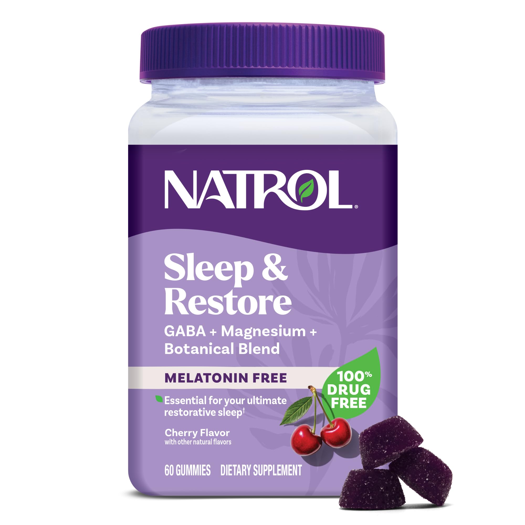 Natrol Sleep & Restore gummies bottle with cherry flavor for melatonin-free sleep support
