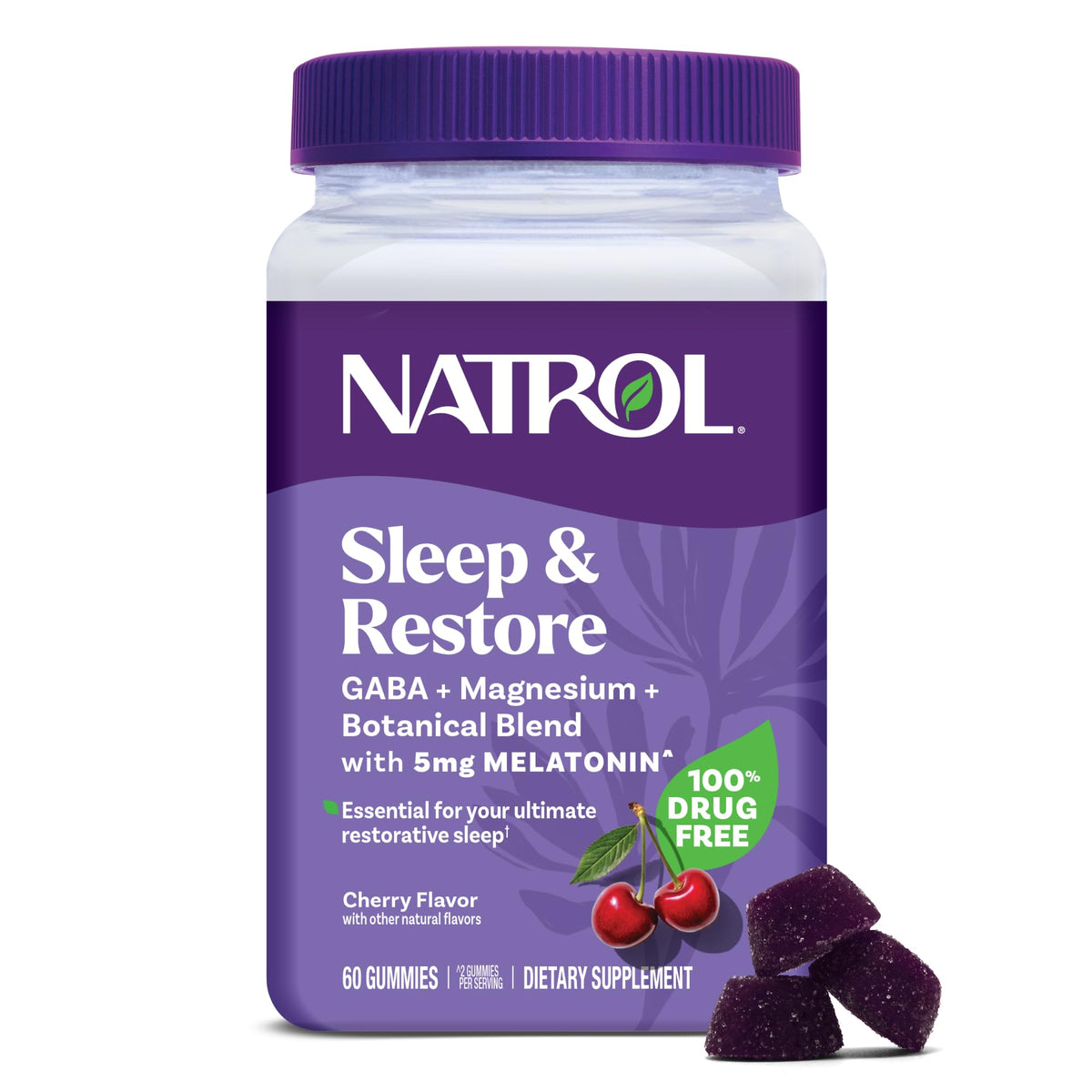 Natrol Sleep + Restore melatonin gummies in bottle for nightly support
