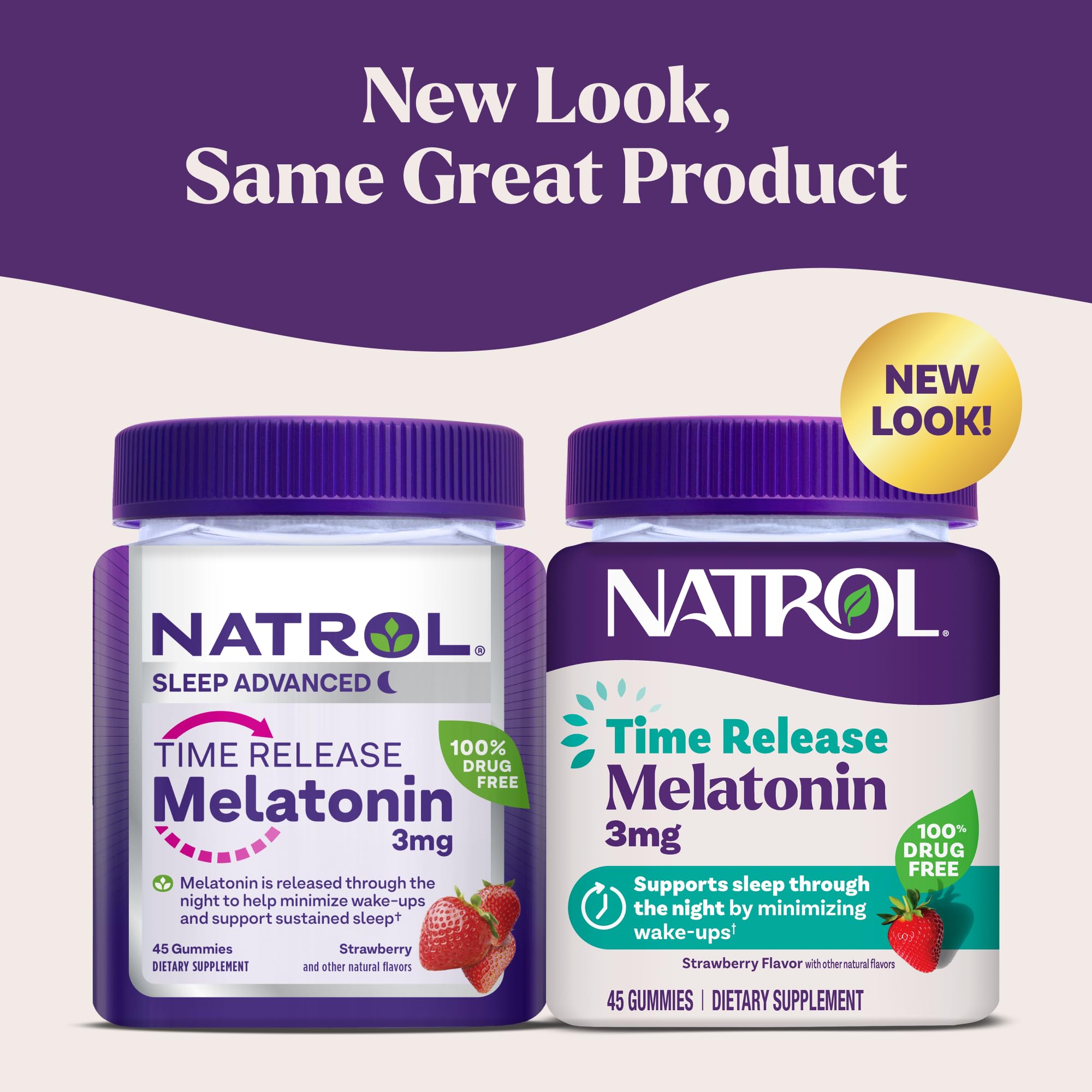 Natrol Time Release Melatonin Gummies bottle label with 3 mg per serving