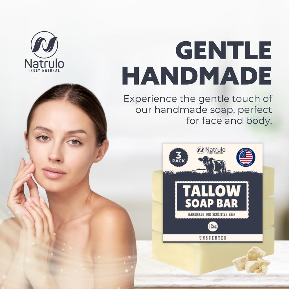 Natrulo beef tallow soap bar in a bathroom setup for daily use.
