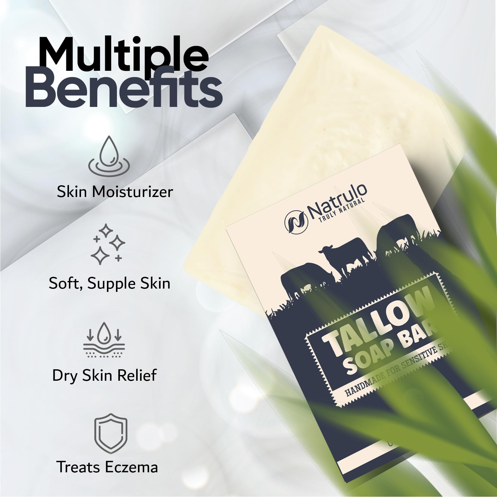 Natrulo beef tallow soap bar with grass-fed tallow for natural moisturization.