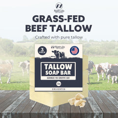 Natrulo beef tallow soap bar creates rich lather for gentle cleansing.