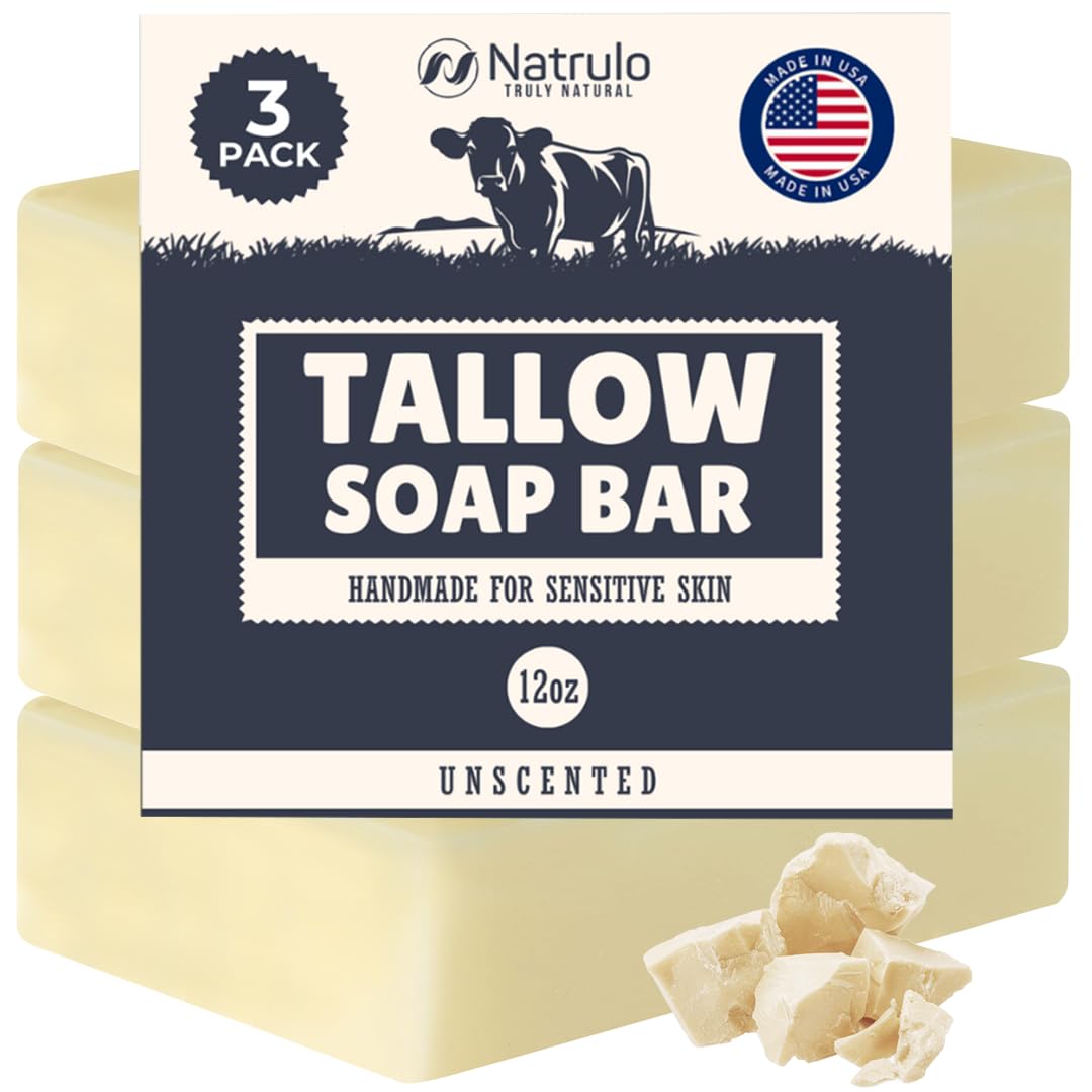 Natrulo beef tallow soap bar packaging highlights unscented, skin-friendly formula.