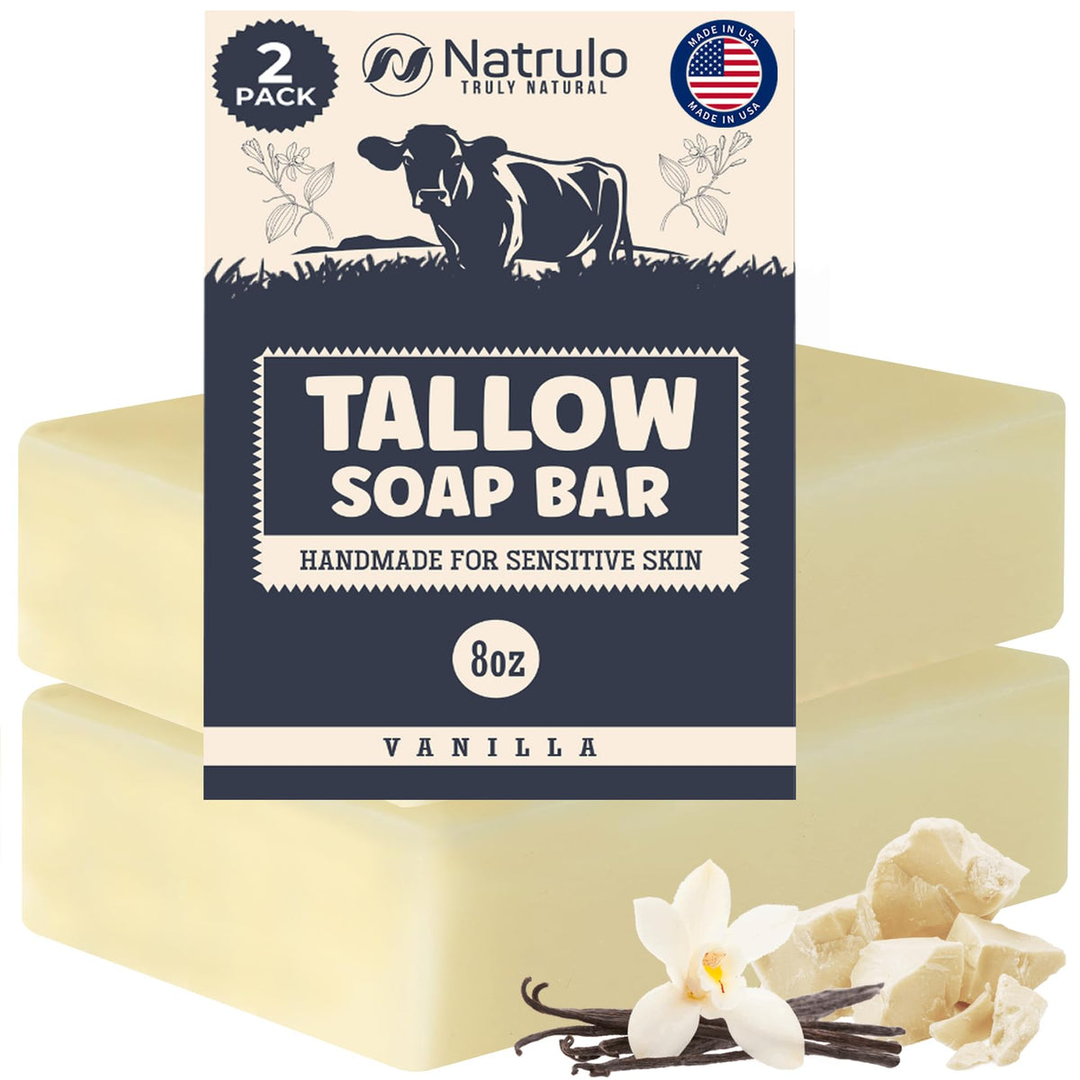 Natrulo beef tallow soap bar vanilla for moisturizing skin and gentle cleansing