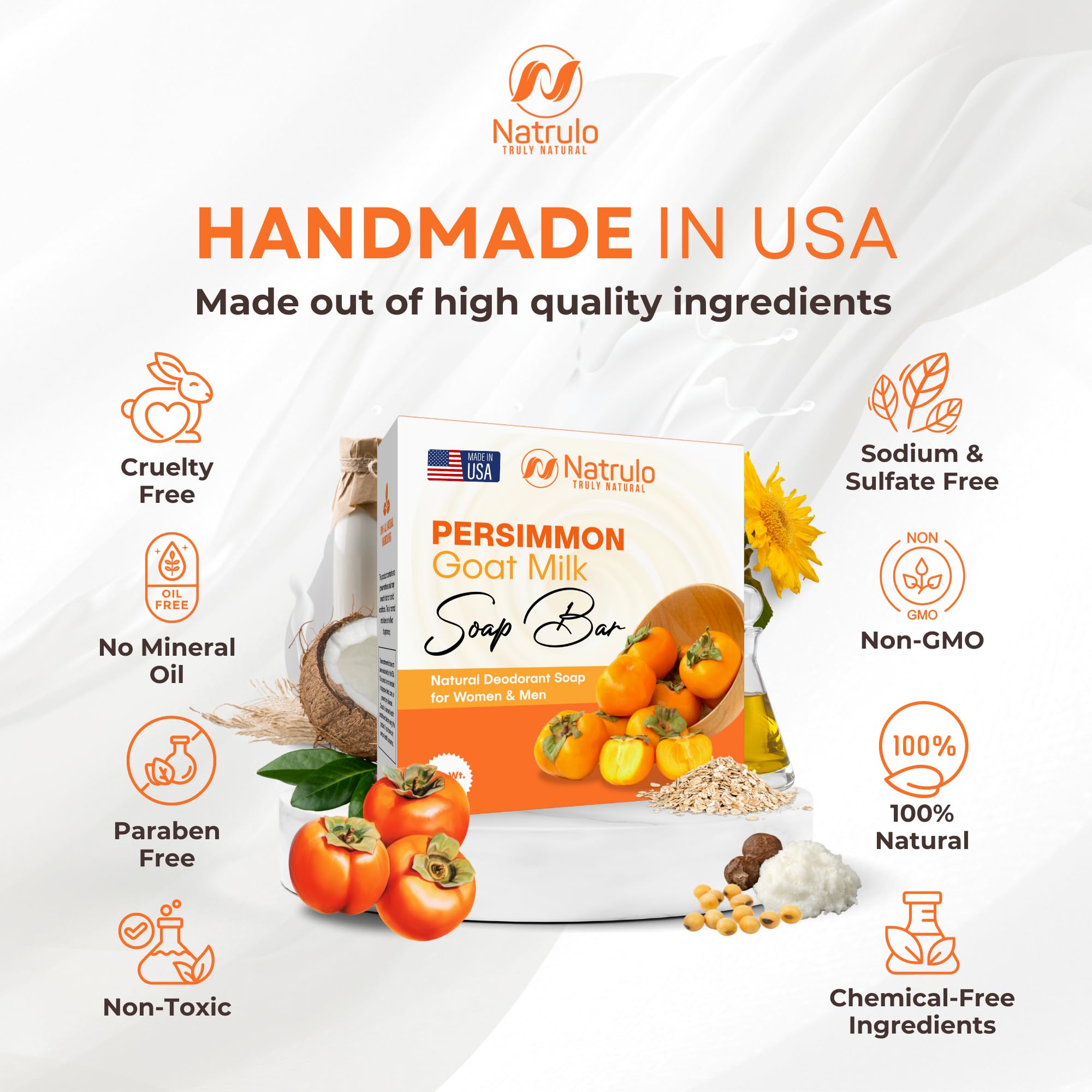 Natrulo Persimmon Goat Milk Soap ingredients emphasize pure essential oils