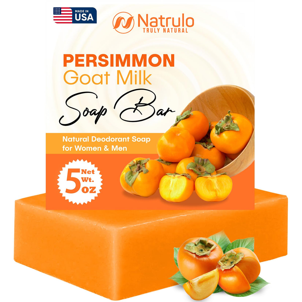 Natrulo Persimmon Goat Milk Soap packaging highlights natural ingredients for odor control