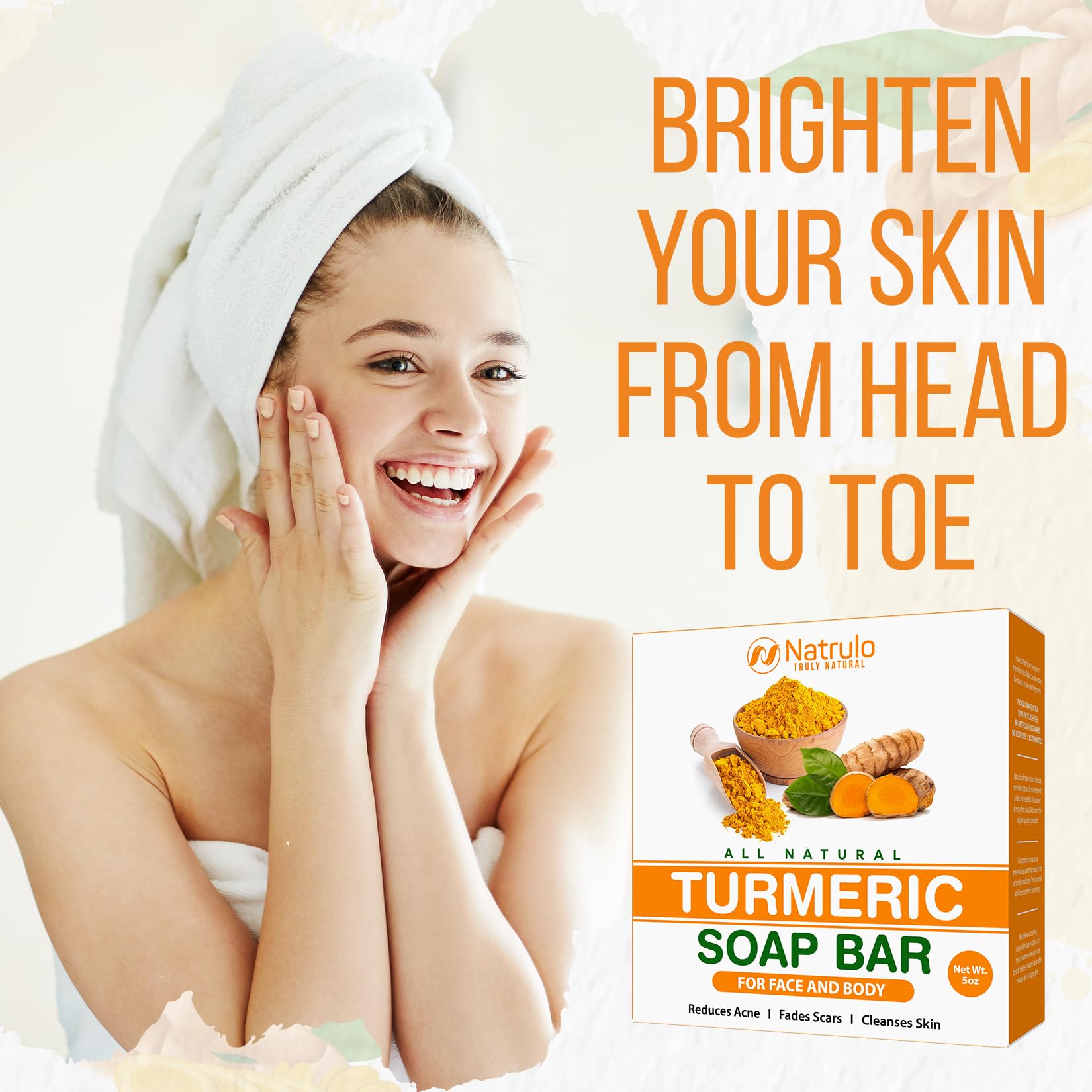 Natrulo turmeric soap bar designed for daily use on skin and underarms.
