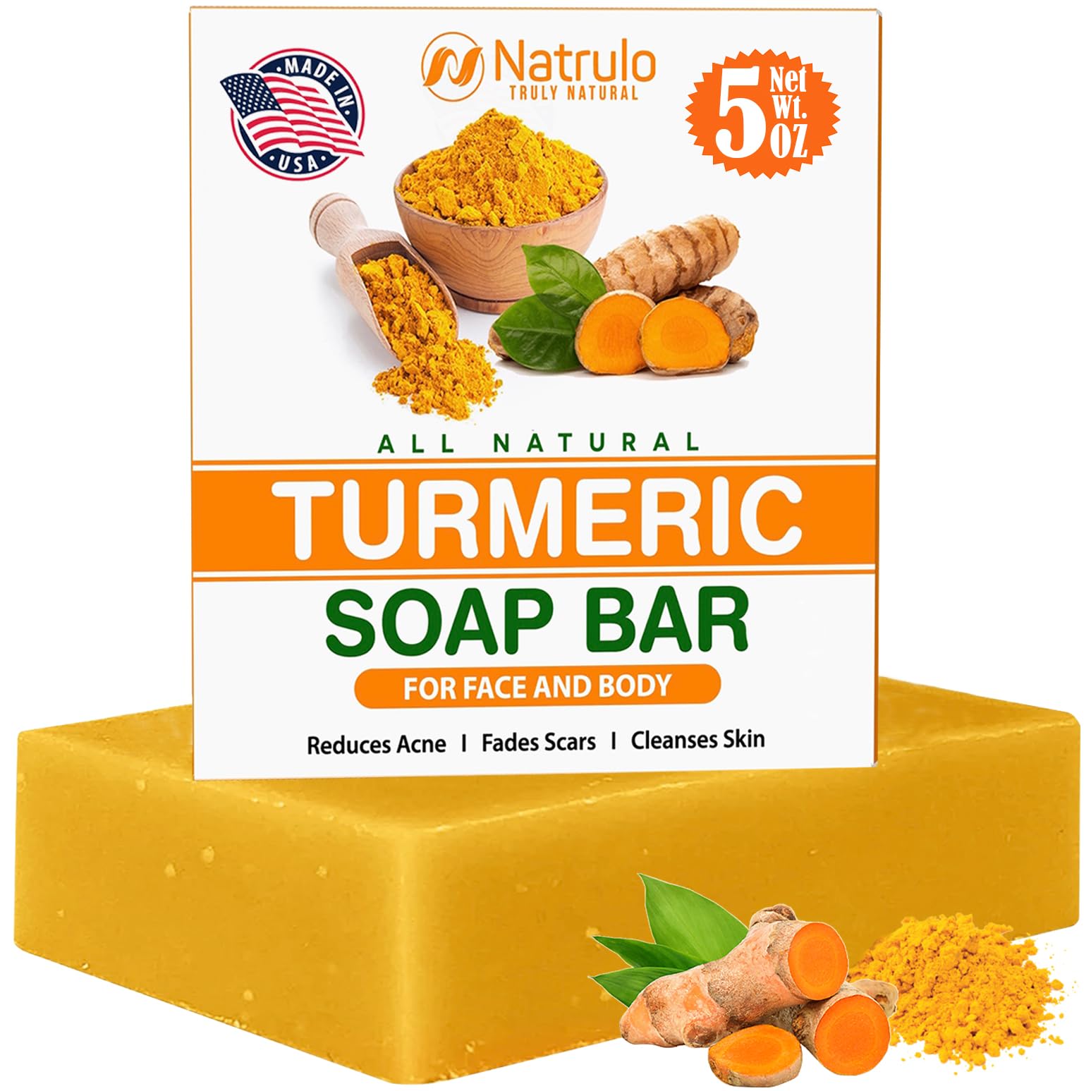 Natrulo turmeric soap bar for face and body with a brightening glow.