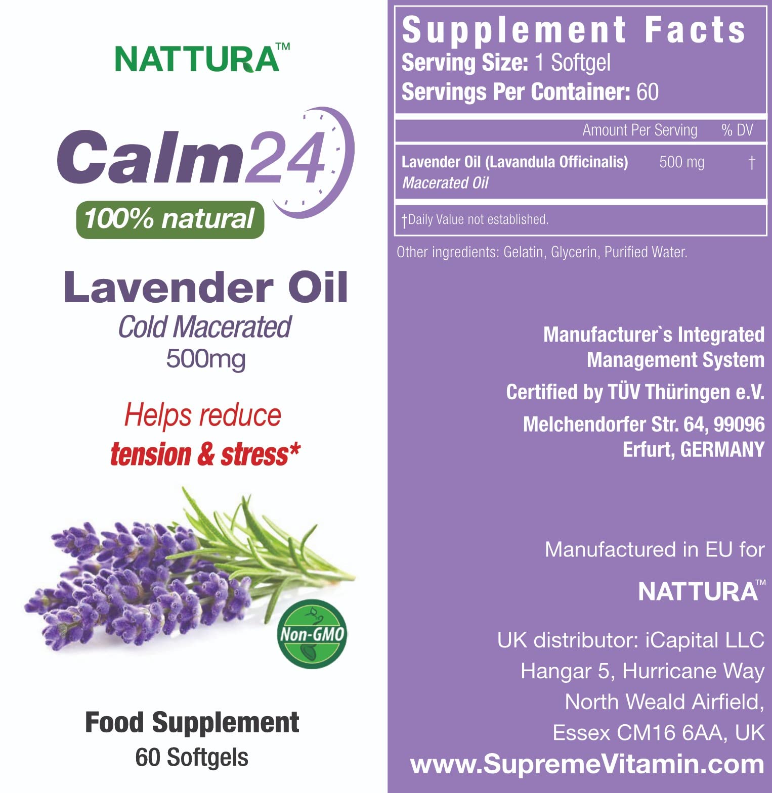 Nattura Calm Aid label detailing 500 mg lavender oil per softgel for relaxation.