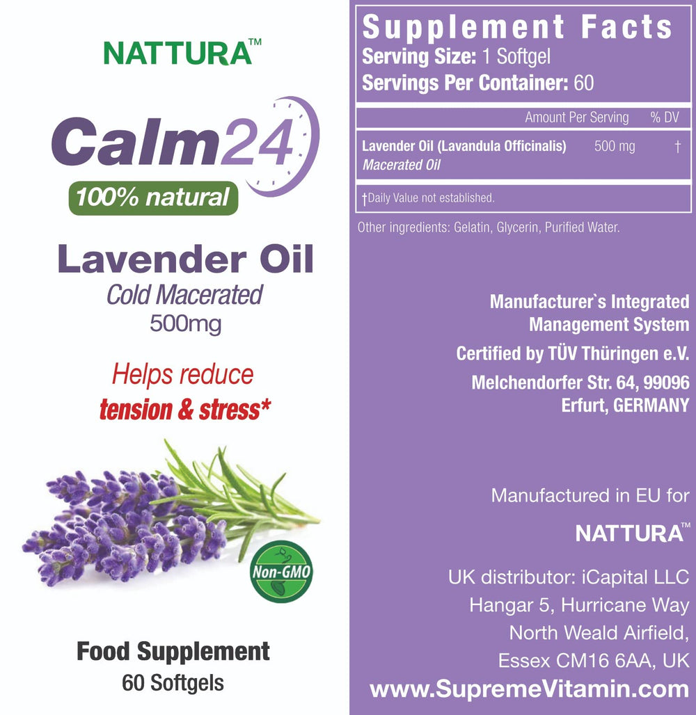 Nattura Calm Aid label detailing 500 mg lavender oil per softgel for relaxation.