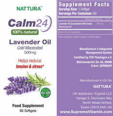 Nattura Calm Aid label detailing 500 mg lavender oil per softgel for relaxation.