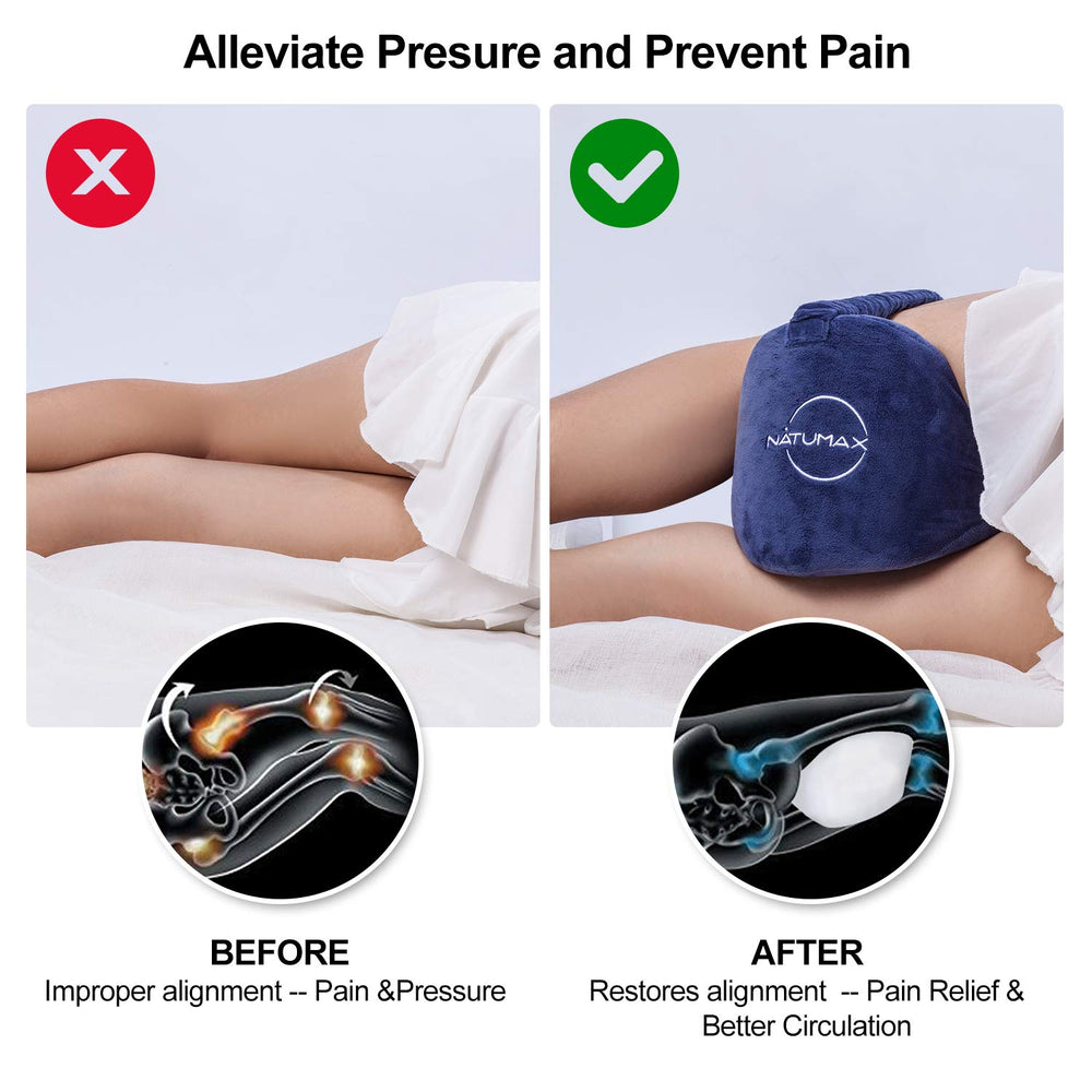 NATUMAX memory foam knee pillow with leg strap keeps position overnight