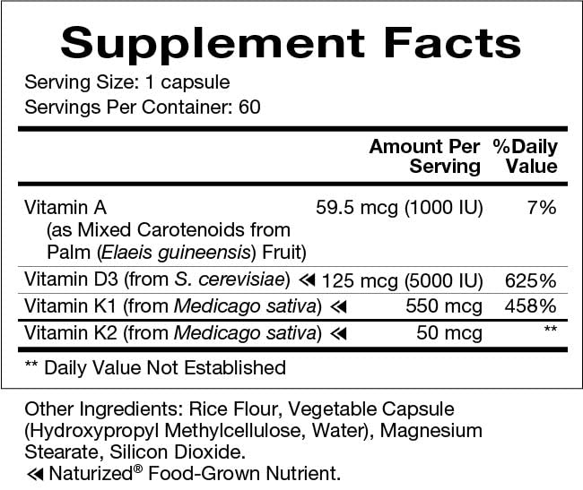 Natura Health Products Vitamin D-A-K nutrition facts panel close-up.