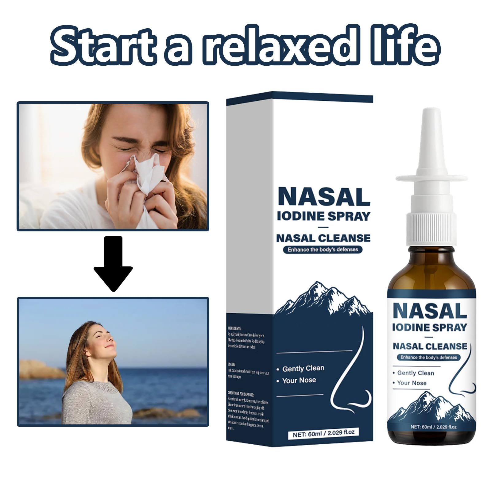 Packaging shot showing Natura Derm Nutramd iodine nasal spray packaging and bottle