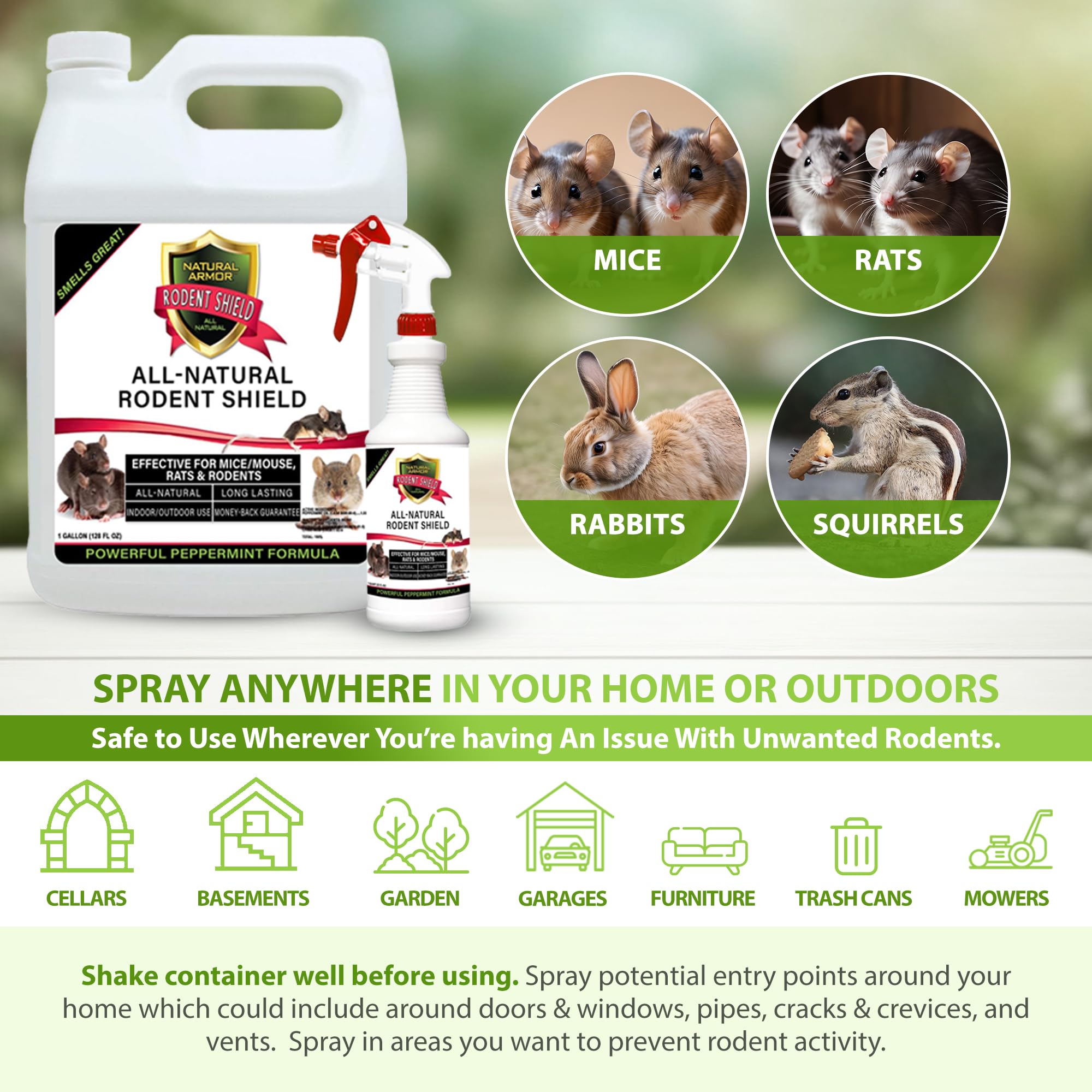 Natural Armor Peppermint Rodent Spray indoor use for kitchens and basements.