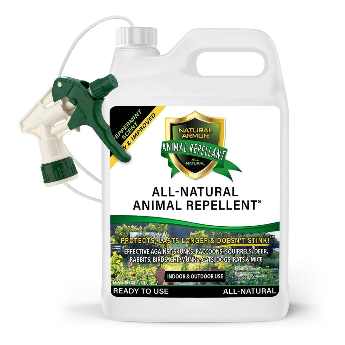 Natural Armor repellent spray bottle ready for use around homes and gardens.