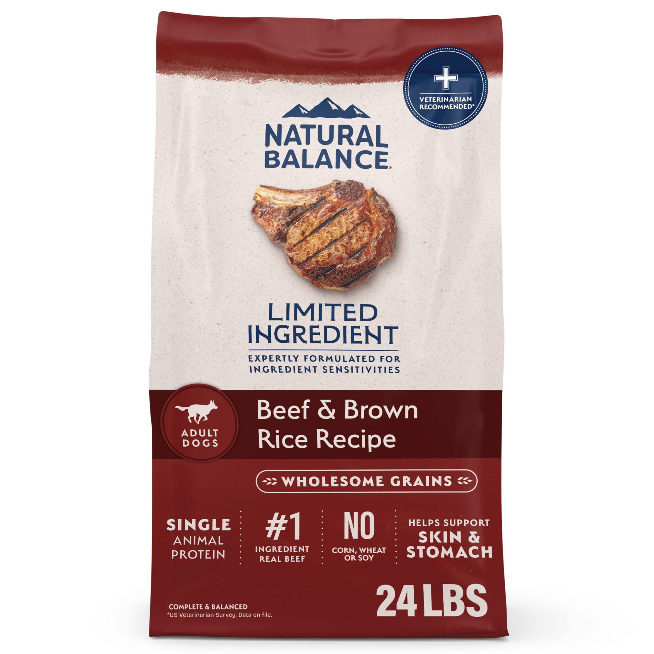 Natural Balance beef brown rice bag front highlighting single-protein formula