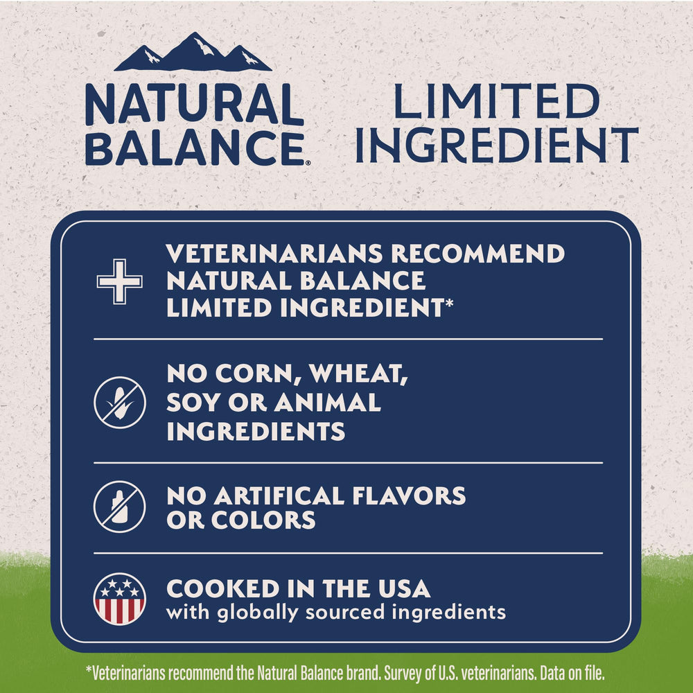 Natural Balance vegetarian kibble with brown rice, potatoes, cranberries, and oats provides balanced nutrition
