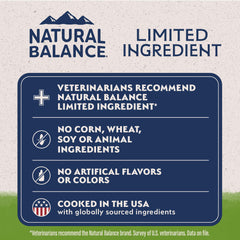 Natural Balance vegetarian kibble with brown rice, potatoes, cranberries, and oats provides balanced nutrition
