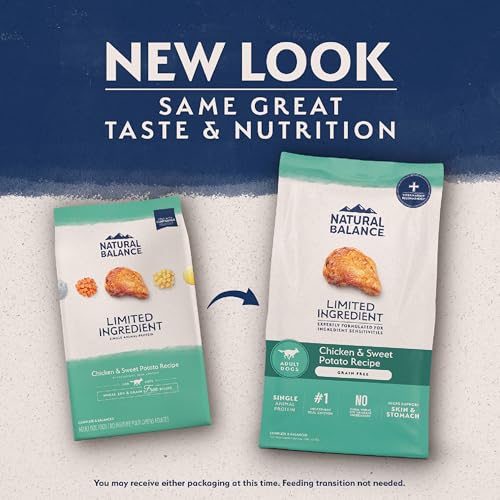 Close-up of Natural Balance kibble featuring chicken-sweet-potato pieces