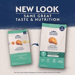 Close-up of Natural Balance kibble featuring chicken-sweet-potato pieces