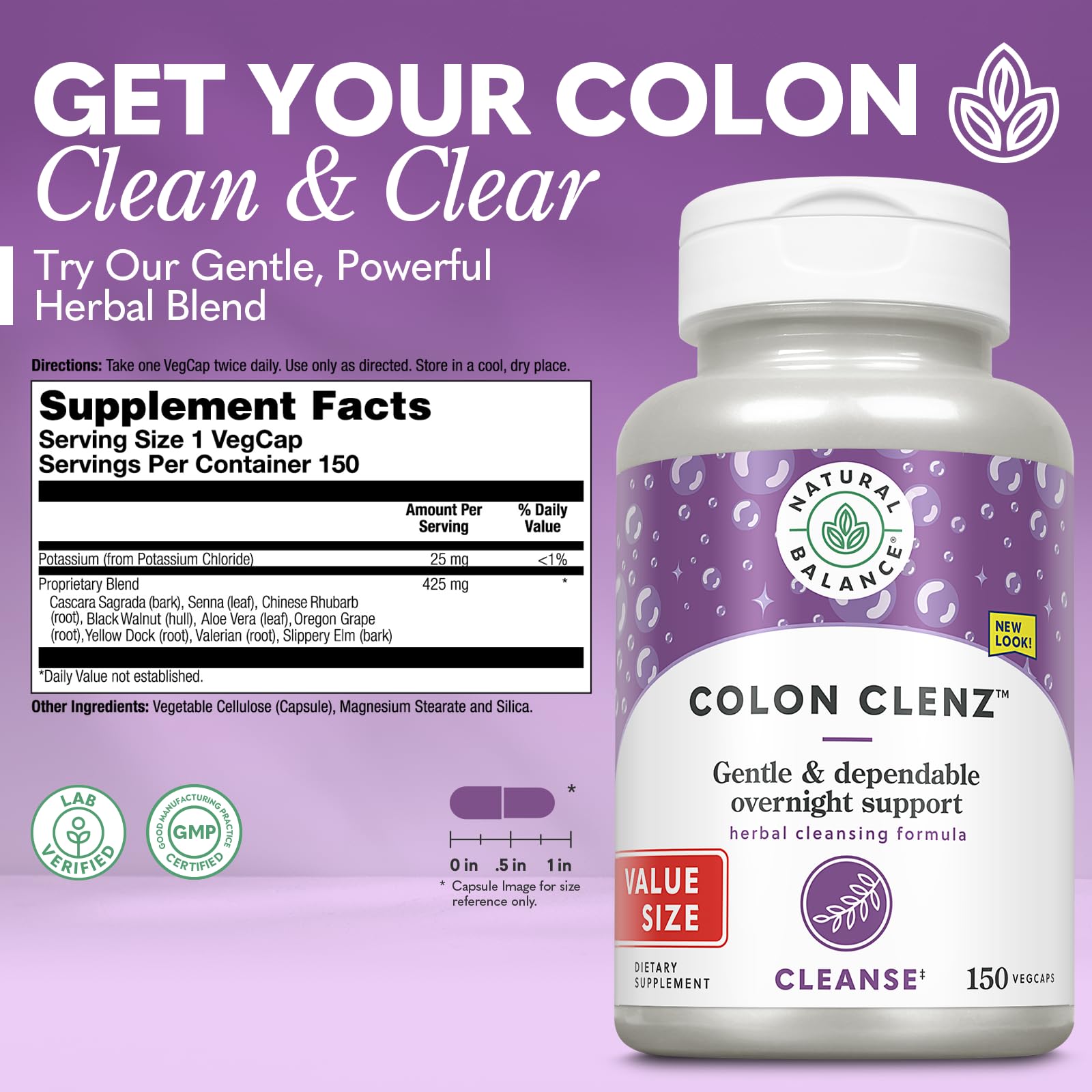 Natural Balance Colon Clenz capsules close-up highlights vegetarian formula.