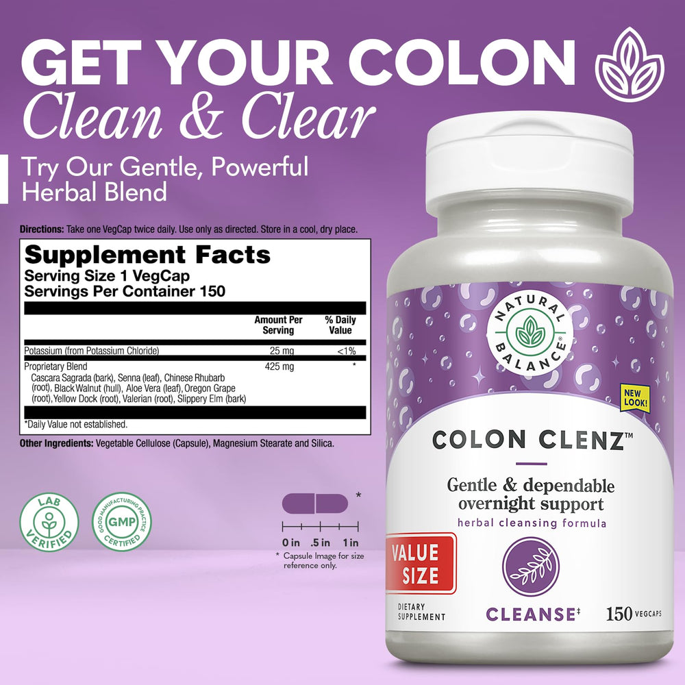 Natural Balance Colon Clenz capsules close-up highlights vegetarian formula.