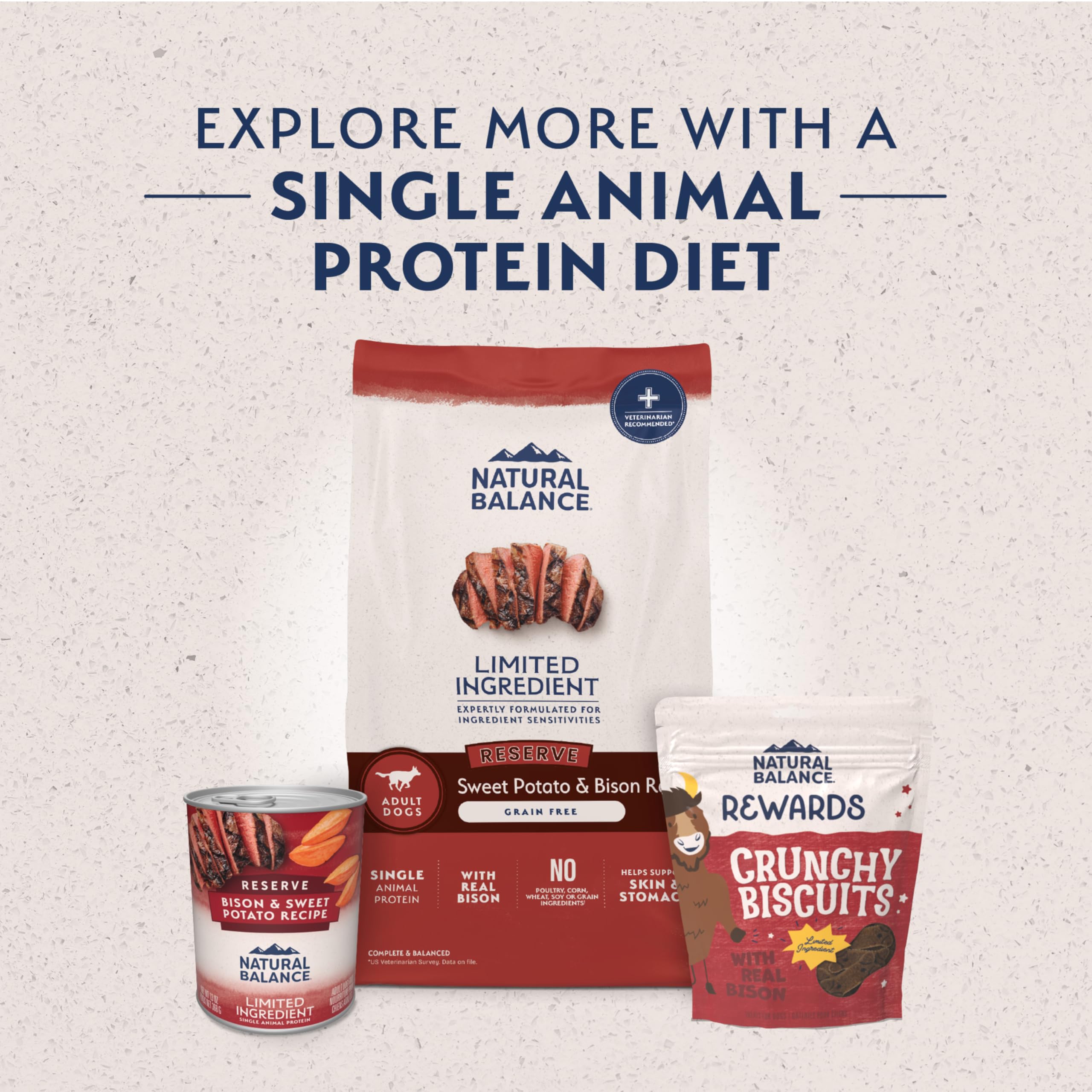 Natural Balance grain-free kibble close-up highlights fiber from sweet potato.