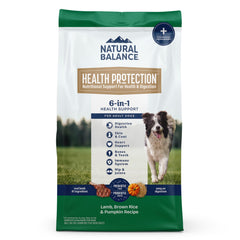 Natural Balance Health Protection dry dog food showing lamb as the first ingredient for digestible protein