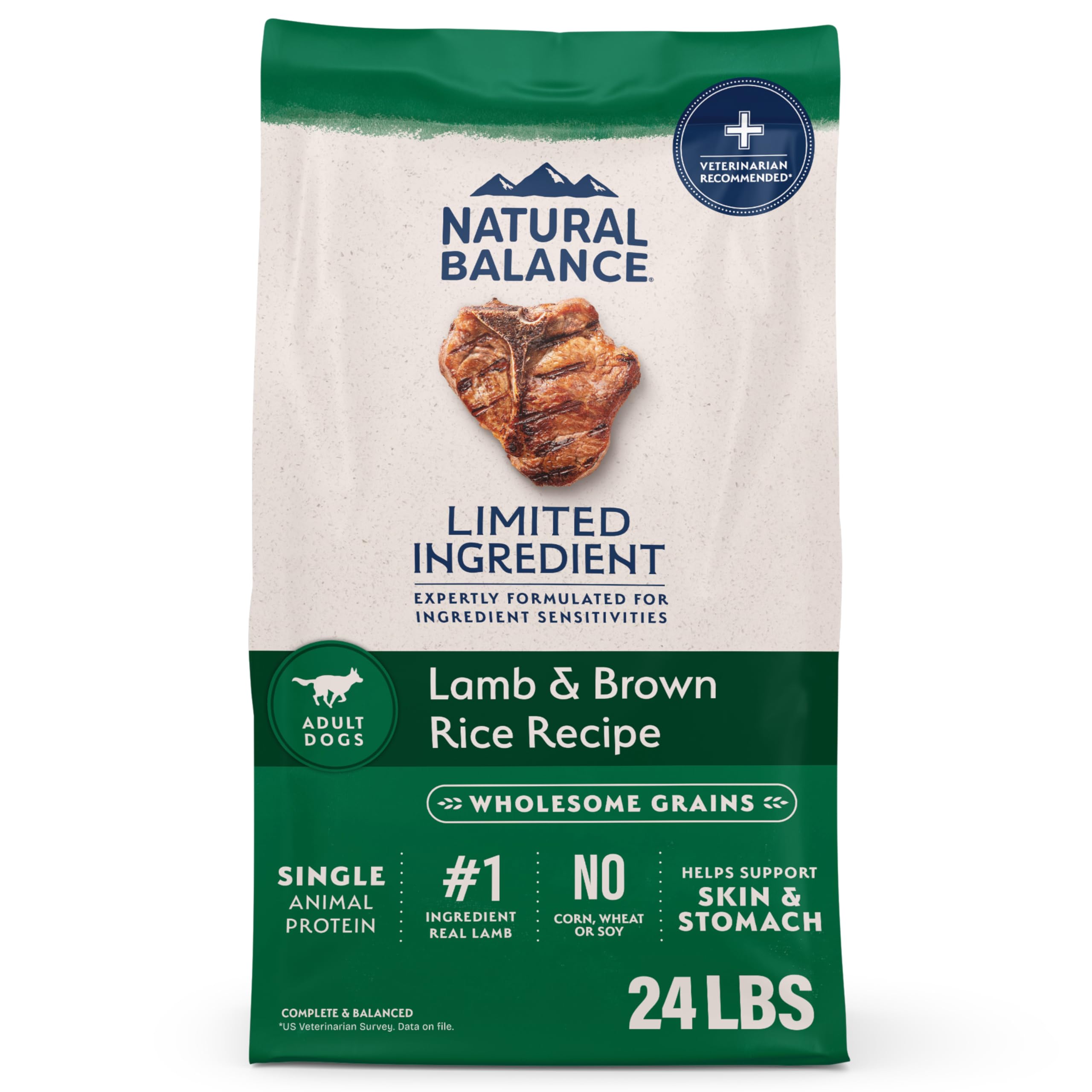 Natural Balance lamb-rice dry dog food 24lb bag front, premium protein for dogs.