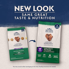 Natural Balance L.I.D. Large Breed bowl with kibble demonstrates grain-inclusive nutrition for bigger dogs