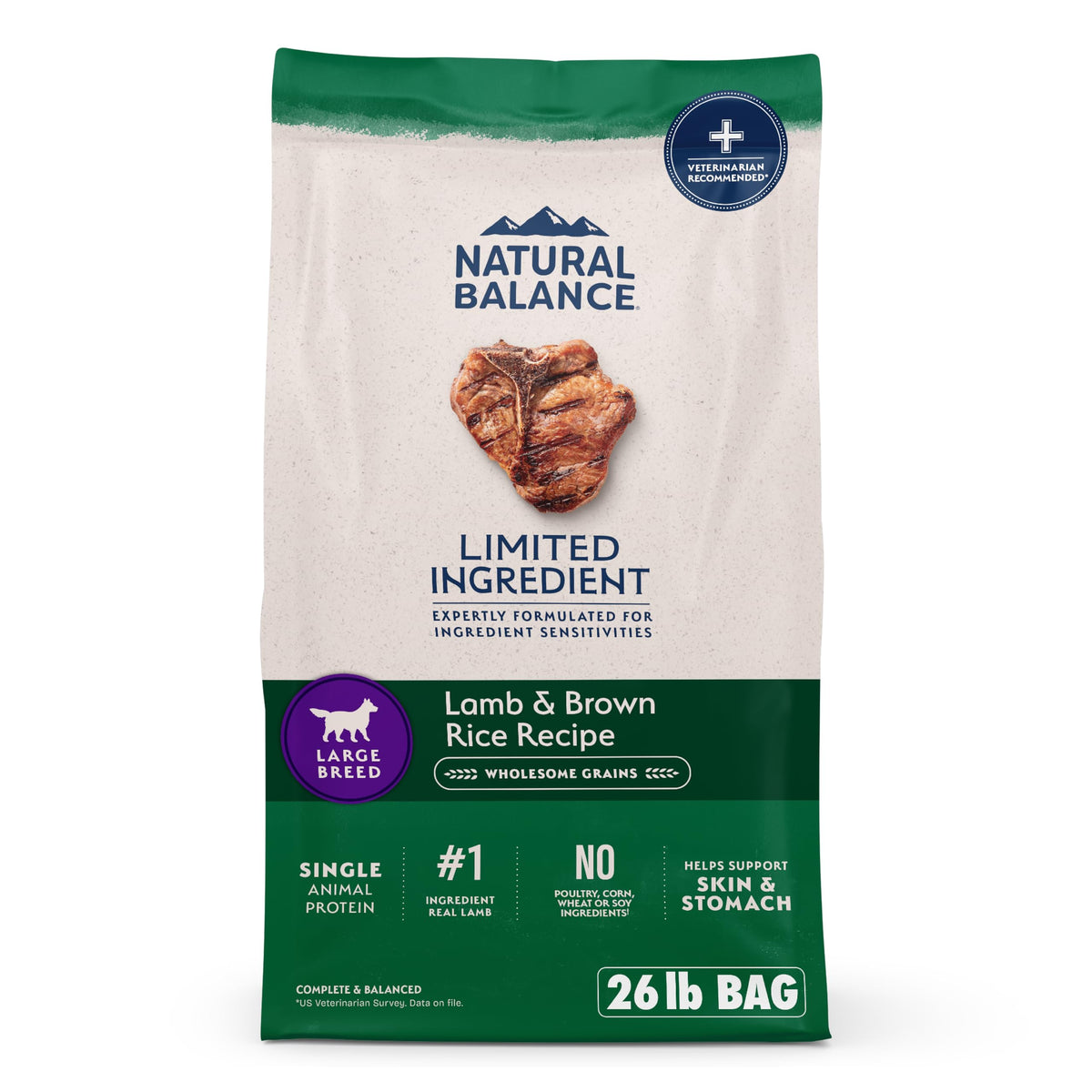 Natural Balance L.I.D. Large Breed Lamb & Brown Rice bag shows simple ingredients for digestion and muscle support