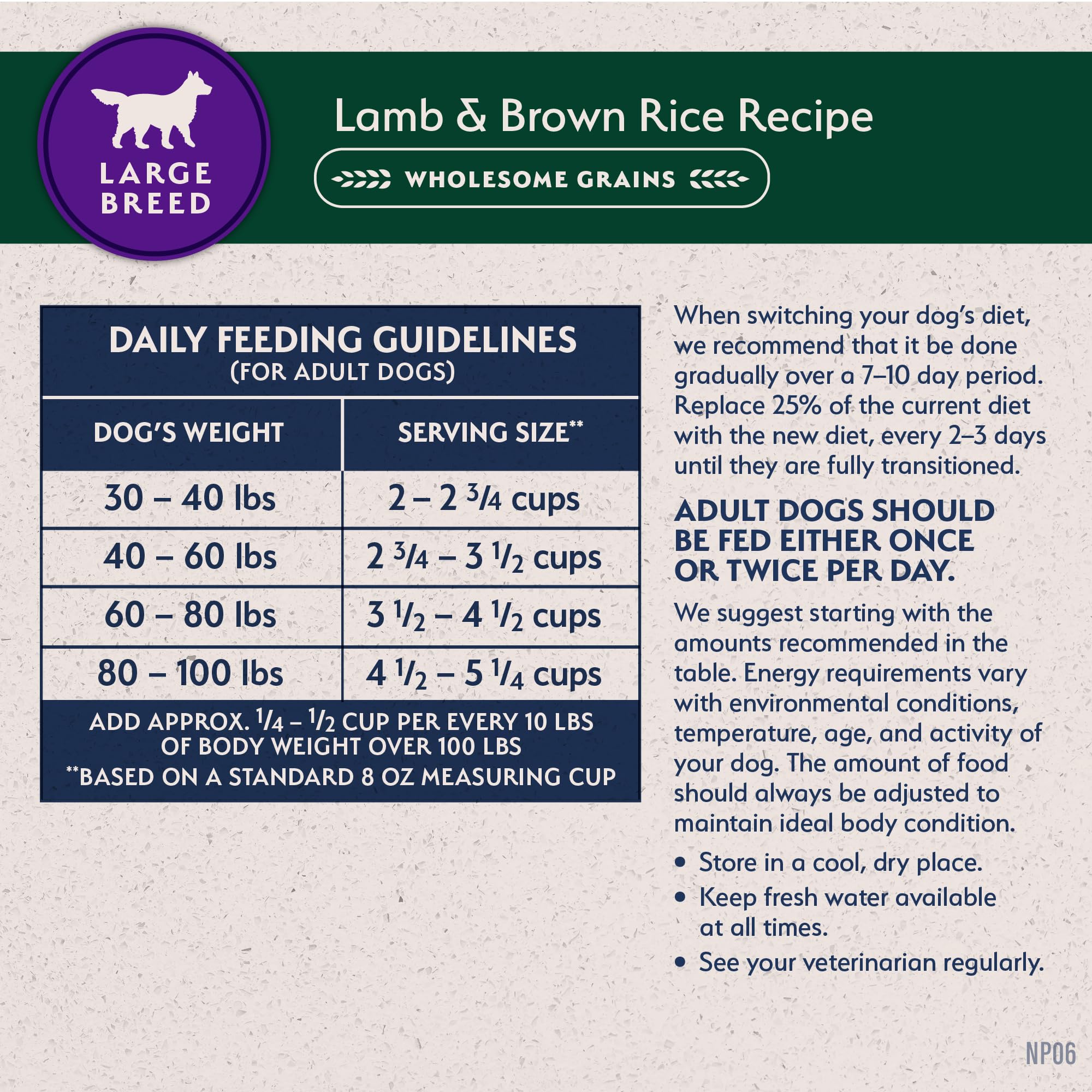 Natural Balance L.I.D. Large Breed scoop serving illustrates portion guidance