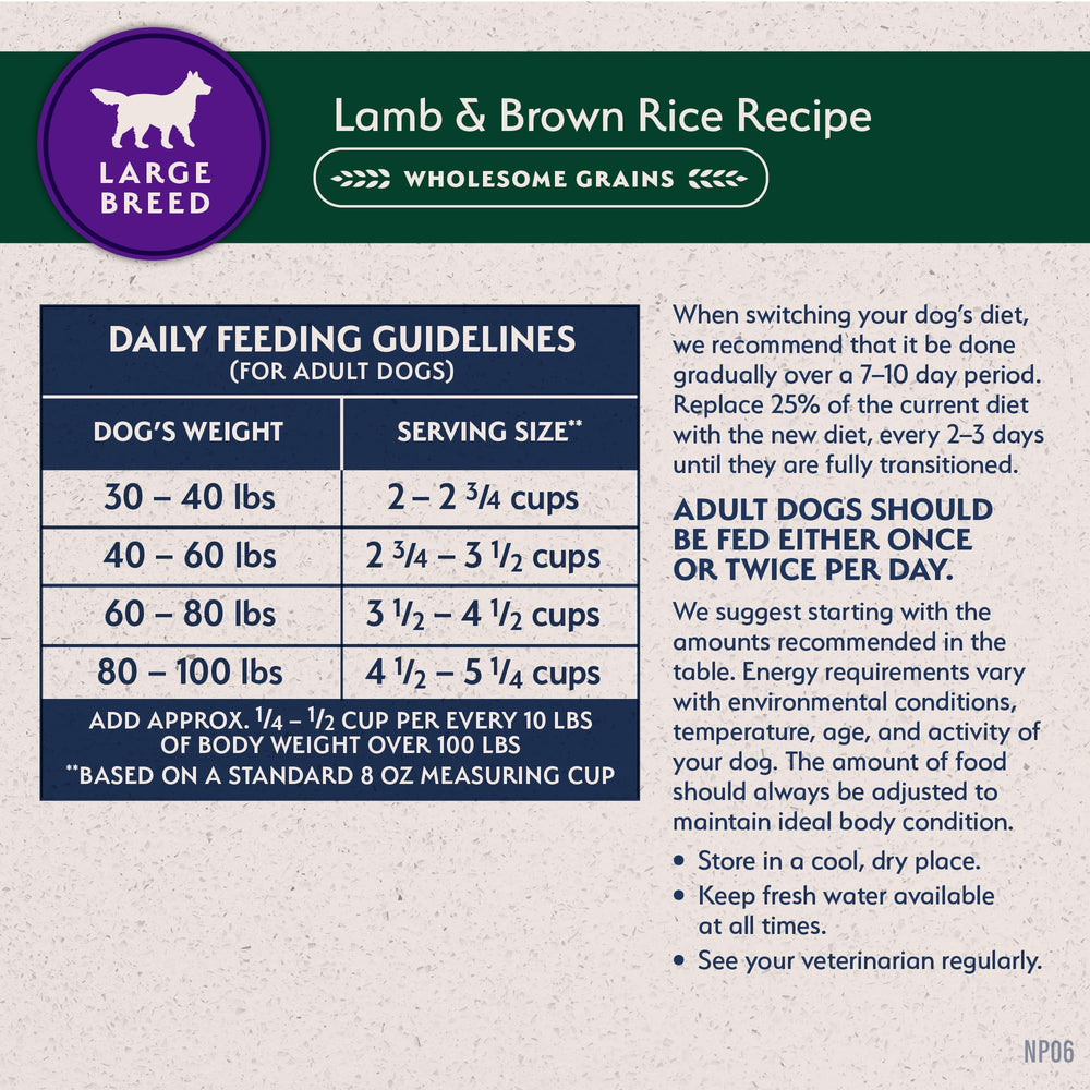 Natural Balance L.I.D. Large Breed scoop serving illustrates portion guidance