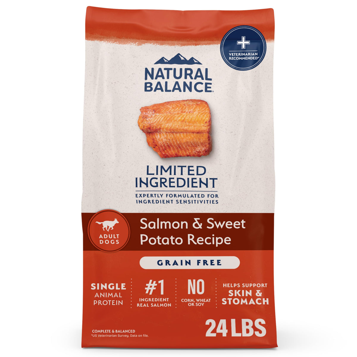 Natural Balance L.I.D. salmon kibble bag highlighting single-protein care for gentle digestion