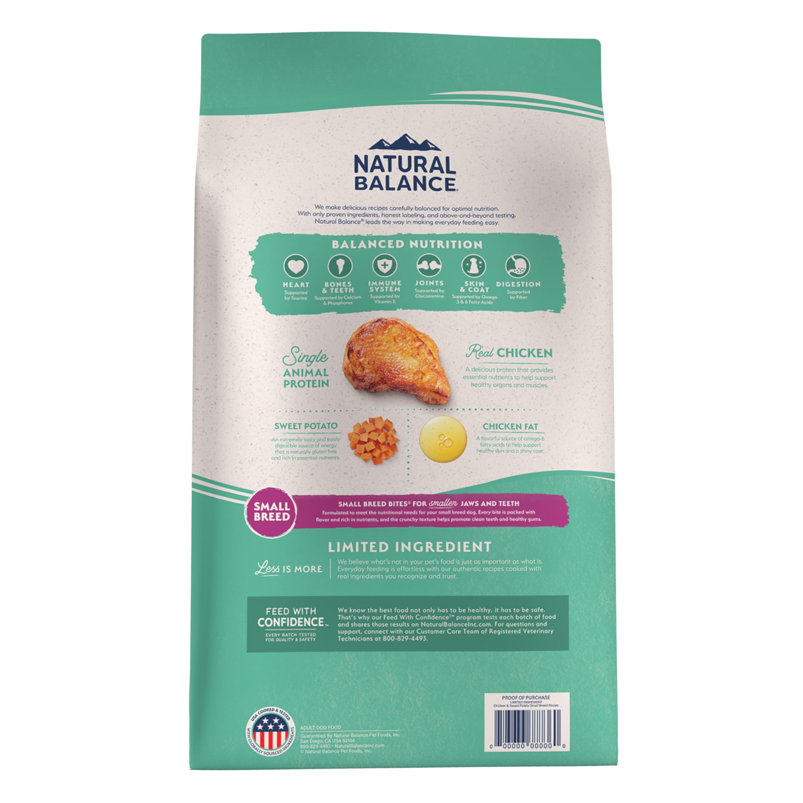 Natural Balance L.I.D. small breed ingredient list close-up and grain-free recipe.