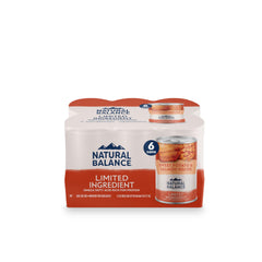 Natural Balance Limited Ingredient wet dog food with salmon and sweet potato in a serving bowl.